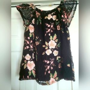 Black Lace Top with Pink Flowers